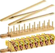 Kigley 4 Pcs Wood Taco Holder Bamboo Taco Tray with Tong Stand with Handle Wooden Rack, Each Holds 8 Soft or Hard Shell for Charcuterie Food Kitchen Gifts Accessories Home