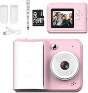 Kids Camera Instant Print, 2.4'' Big Screen Instant Camera with 32G Card & 2 Print Paper, 1080P HD Video Kids Digital Camera for Toddler Age 3-12 Years Old, Boys & Girls Birthday Gifts Pink