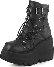 [mikarka] Holographic Platform Boots for Women, Lace Up Ankle Studded Buckle Goth Stacked Wedge Combat Ankle Boots