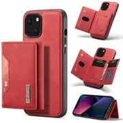 DG MING For Apple iPhone 13 Mini Premium Trifold Wallet Leather Case With 2-in-1 Magnetic Detachable Card Holder Pocket Cover - Red