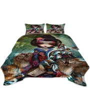 Japanese Fantasy Art Geisha Girl Kirin and Bakeneko Coverlet