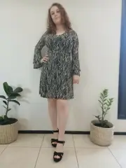 Caroline Morgan Black & White Print Mesh Dress Tie Waist and Fluted Long Sleeves