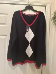 TOMMY HILFIGER Womens Plus Size 3X Argyle Sweater Navy/ Red/ White NWT