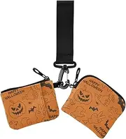 [GuoChe] Women's Coin Pouches Card Holder Happy Halloween Pumpkins Orange Small Portable Coin Purse Wallet Bag with Wristle Strap for Men Women 2 Packs, Happy Halloween142, 4.13" x 3.51" & 4.13" x 4.13", Retro