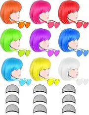 9 Pack Colored Wigs, Funky Colorful Wigs, Short Bob Hair Wigs, Neon Party Wig, Cosplay Wig with Rimless Heart Shape Sunglasses - One Size for All Women Kids & Adults Halloween Costume Night Club