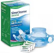 Soft Tip Neti-Pot Nasal Wash Irrigation System Relieves Nasal Congestion & Irritation due to Cold & Flu, Dry Air, Allergies, Includes 30 All-Natural, Pre-Mixed Buffered Saline Packets, Blue