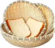 Cedilis 3 Pack Bamboo Basket Tray, Wicker Bread Basket, 100% Natural Handmade Woven Fruit Harvest Basket, U Shape Holder Flat Shallow Vegetables Serving Basket, Stackable, 10Inch, 11Inch, 12Inch