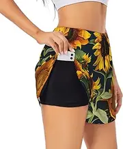[GaxfjRu] Wild Flower Sunflower Print Women's Running Shorts High Waisted Running Shorts Pocket Sporty Gym Elastic Short, Black, XXL