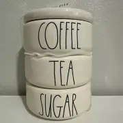 Rae Dunn "COFFEE TEA SUGAR" Ceramic Stacking Canister Set w/Lid