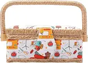 Large Capacity Sewing Basket with Handle Vintage Sewing Basket Organizer with Inside Pocket Multipurpose Handmade Organizer for Needles Thread Tape Measure Thimbles Scissors Storage (Beige White)