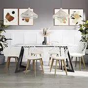 180cm Modern Dining Table and Velvet Beech Wood Chairs Set Kitchen Furniture, Cream White
