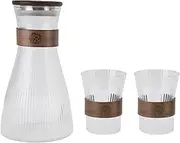 1600ml Carafe with Lid and 2 Glass Cup Set, High Borosilicate Glass for Coffee Juice, Walnut Wood, Teapot and Beverage Serveware for Home, Office, Tea House
