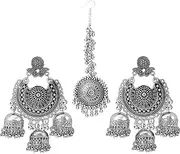 [JD'Z COLLECTION] Indian Silver Oxidized Mang Tika Earring handmade Jewelry Traditional Wedding Costume Wear Set