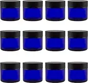 60ml Cobalt Blue Glass Cosmetic Jars (12-Pack); Straight Sided Jars w/Black Plastic Lined Lids for Balms, Cosmetics, Creams & More