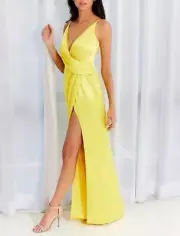 Aidan Mattox Dress yellow lemon v neck drapped column gown size 6 mn1e206935