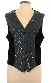 NEW NWT BOB MACKIE L BUTTON FRONT BLACK GRAY SEQUIN VEST 44" BUST POLY SPANDEX