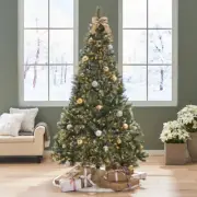 7' Mixed Hinged Tree with Snow and Glitterand 650Lights and 78Frosted Pine Cones