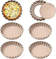 Egg Tart Molds, 6 Pcs Gold Mini Tart Tins, 4" Cake Mold Non-Stick Removable Bottom Egg Tart Plate, Reusable Mini Tart Pans for pies, quiches, cheesecakes, Desserts (6, Gold)