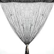 String Curtain Panel, Glitter Door Wall Window Doorways Panel Fly Screen Fringe Room Divider Blinds, Decorative Tassel Ribbon Strip Silver Screen for Living Room, Bedroom, Party Event (Black)