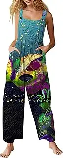 [Generic] Women Striped Jumpsuits Adjustable Strap Wide-Leg Extra Long Jumpsuit - Loose Fit Sleeveless Retro Pattern Baggy Long Rompers - Womens Elegant Summer Plus Size Baggy Bib Pants With Pockets