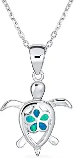 [Bling Jewelry] Nautical Tropical Plumeria Flower Beach Vacation Gemstone Created Blue Opal Inlay Green Star fish Sea Turtle Pendant Necklace Earring SET For Women Teen .925 Sterling Silver October Birthstone