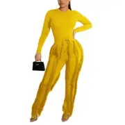 Women's Stylish Fringe Two-Piece Set - Long Sleeve Top and High Waist Pants