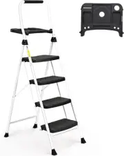 4 Step Ladder, Folding Step Stool with Tool Platform, Sturdy& Portable Steel Lad