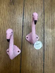2 Cast Iron Pink Flamingos Wall Hook Robe Towel Clothing Holder Distressed Beach