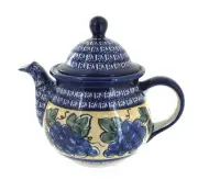 Blue Rose Polish Pottery Grapes Large Teapot with Cobalt Rim