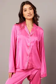 Pink Satin Pyjama Contrast Piping Long Leg Pj Set - Size L, Women's Satin Set