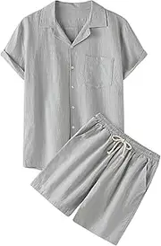 [Generic] 2025 Mens Linen Sets Outfits 2 Piece Short Sleeve Button Down Shirt And Shorts Set Summer Casual Beach Shirts, A02-grey, Small, A02-grey, Small