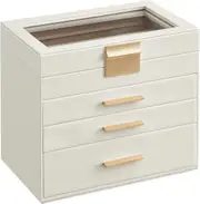 4-Layer Jewelry Box with Glass Lid and Drawers - Modern Cloud White and Gold