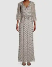 $695 Aidan by Aidan Mattox Women's Gray Beaded Cape-Sleeve Dress Size 14