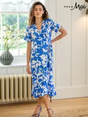Pour Moi Blue Print Megan Stretch Jersey Wrap Midi Dress (B37820) | $113