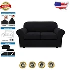 Elegant 3-Piece Stretch Sofa Cover Set - Black Jacquard Protection for Loveseats