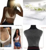 Dresbe Rhinestone Mesh Body Chains Hollow Tank Tops Bikini Crop White-o Neck