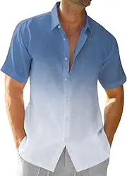 [PHJTOMK] Mens Gradient Hawaiian Vacation Lapel Shirts Solid Breathable Button Down T Shirts Casual Beach Vacation Shirt