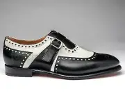 Handmade Men's Leather Luxury Fashion Black White Cap Toe Monk Strap Shoes-493