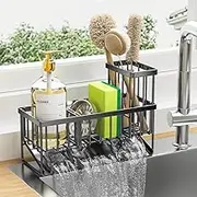Sponge Holder for Kitchen Caddy Sink Organizer, Multifunctional Rustproof Dish Soap Sponge Caddy for Kitchen Sink with Detachable Brush Holder & 45-Degree Sloped Drip Tray, Removable Divider