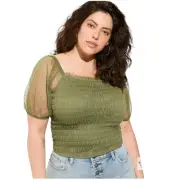 NEW Torrid Olive Green Dot Mesh Square Neck Smocked Crop Top Size 6X | 3076