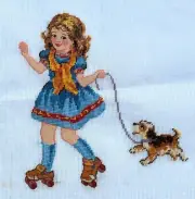 Preworked Girl Rollerskating w/Dog Needlepoint Canvas Petit Point 11.5x12.5 3222