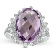 Oval Amethyst and 0.20 CT. T.W. Natural Diamond Petal Frame Ring in Solid 10K White Gold