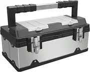 [BIG RED] A5519BR Torin 19" Stainless Steel and Plastic Portable Storage Tool Box Organizer with Metal Lock, Multiple Compartments, Clear Lid and Removable Trays - Stainless Steel/Black