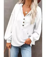 White Buttoned High and Low Hem Hoodie - Sweatshirts & Hoodies -Size M