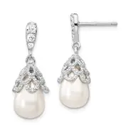 Sterling Silver Cheryl M Rhodium-Plated Teardrop White Freshwater Cultured Pearl And Brilliant-Cut Cz Post Dangle Earrings