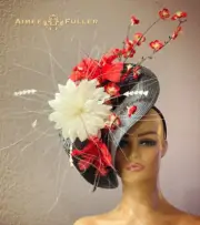 Black Royal Ascot Fascinator Fun Kentucky Derby Hat White Red Cherry Blossom Hat