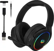 [HUO JI] 2.4G Bluetooth Wireless Gaming Headset for PC, Ps5, Ps4 - Lossless Audio USB & Type-C Ultra Stable Gaming Headphones with Telescopic Flip Microphone, 35-Hr Battery Gamer Headset, Black