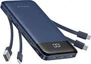 Charmast 10000mAh Power Bank Built in 4 Cables, Slim USB C Portable Charger, LED Display External Battery Pack with 6 Output and 3 Input, Compatible with iPhone, Samsung, Tablets and More(Blue)