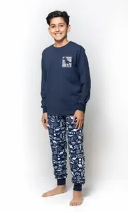 Boys Sizes 8-14 Blue Dinosaur Long Set PJS Pyjamas