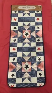Quilted Table Runner Great American Linen PATRIOTIC STAR 16"x 90" Blue Red-New
